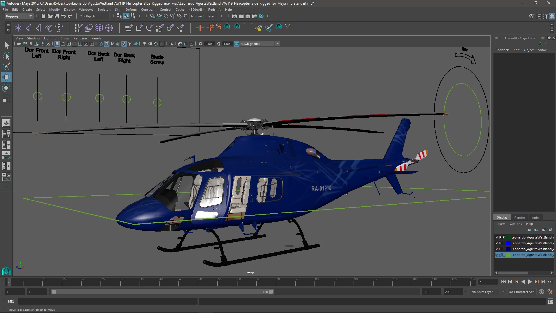 3D Leonardo AgustaWestland AW119 Helicopter Blue Rigged for Maya