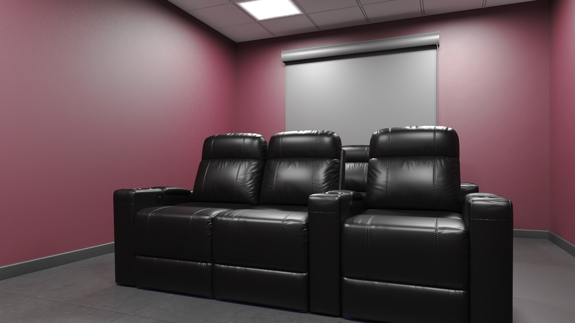 3D Home Theater Interior with Projector and Reclining Seats