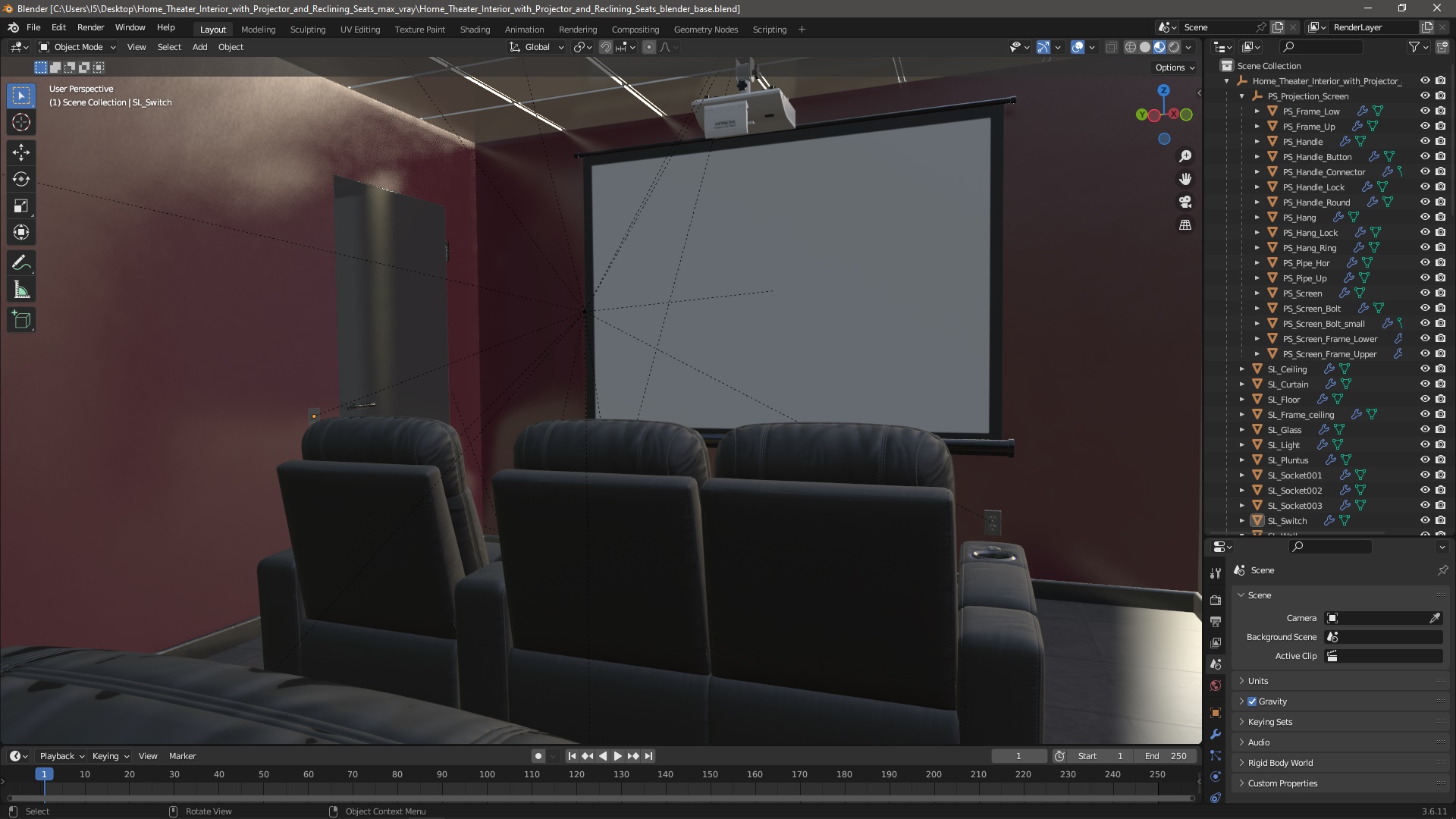 3D Home Theater Interior with Projector and Reclining Seats