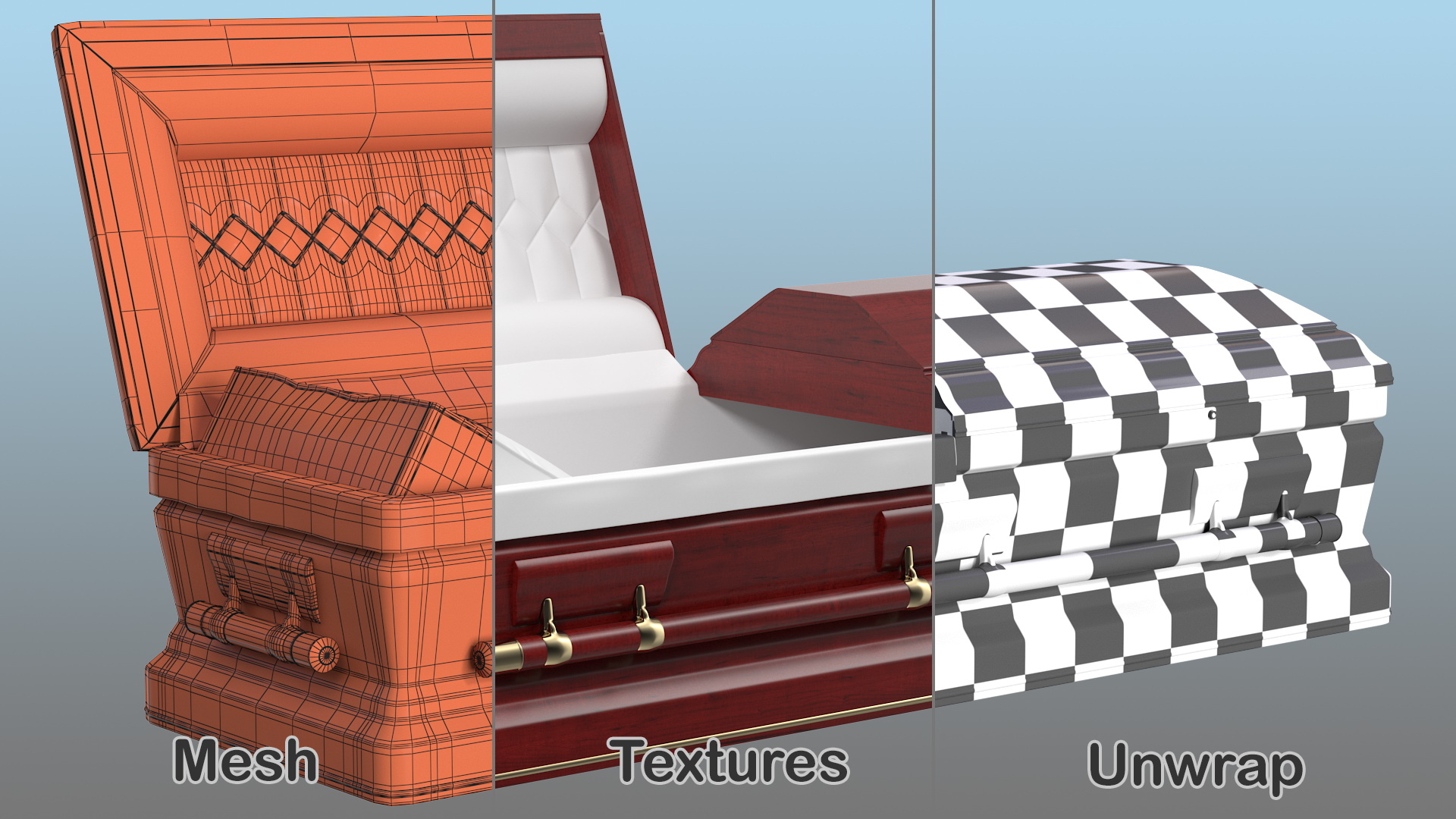 3D Opened Wooden Funeral Casket model