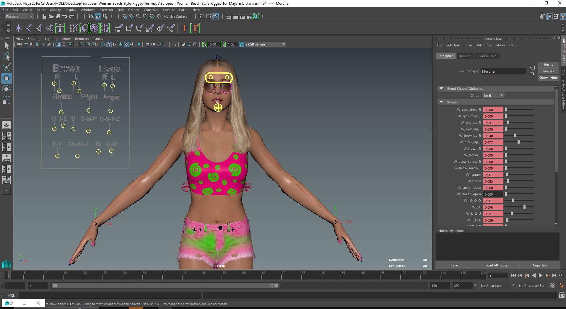 European Woman Beach Style Rigged for Maya 3D