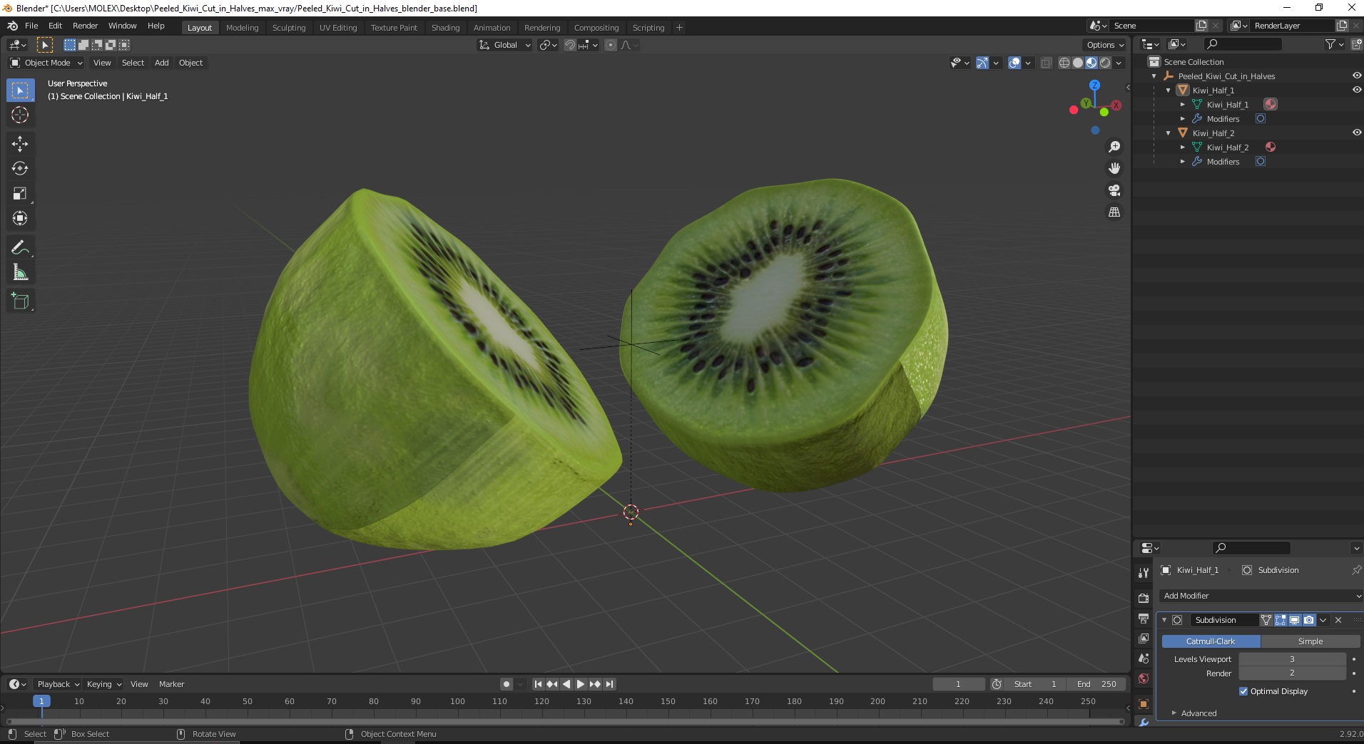 3D model Peeled Kiwi Cut in Halves