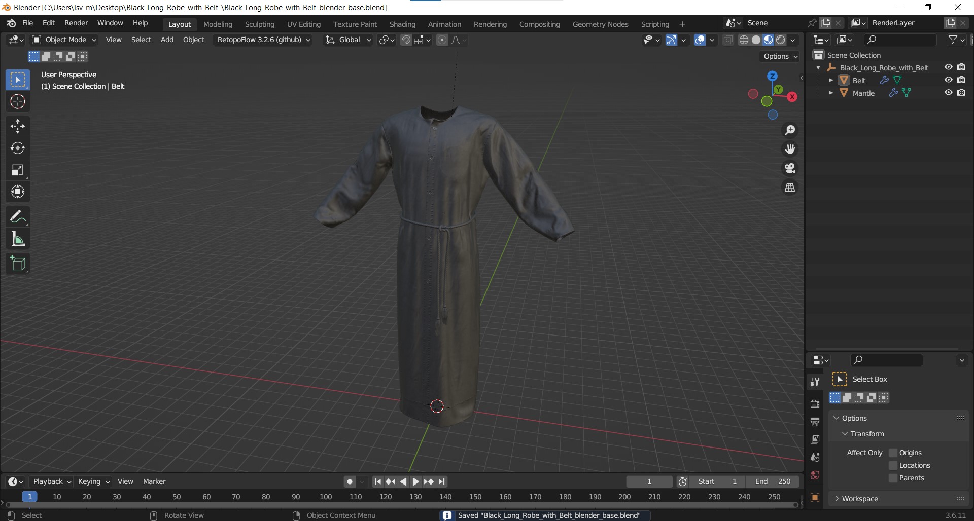 3D model Black Long Robe with Belt