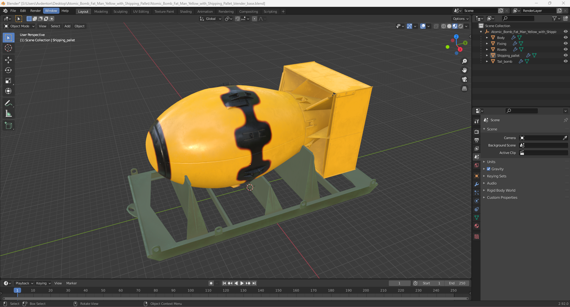 Atomic Bomb Fat Man Yellow with Shipping Pallet 3D