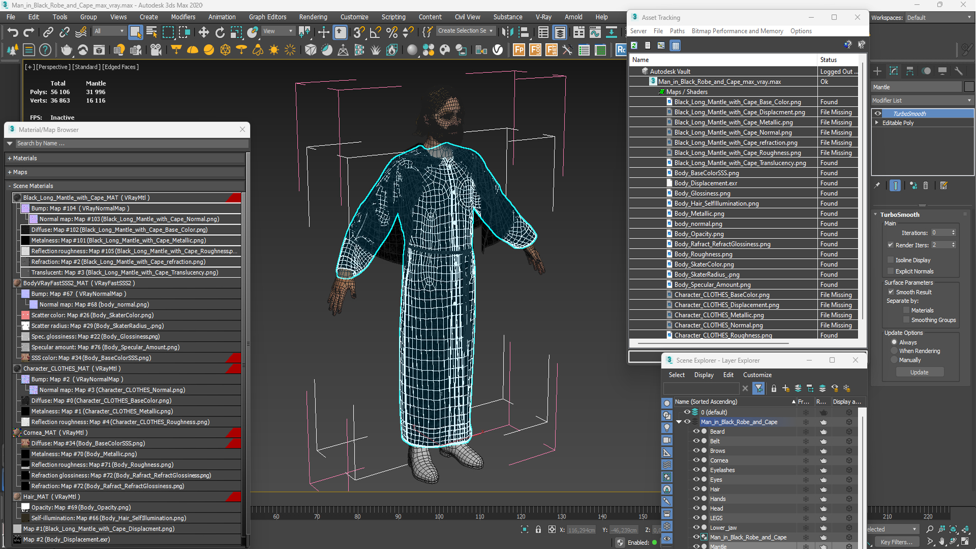 3D Man in Black Robe and Cape