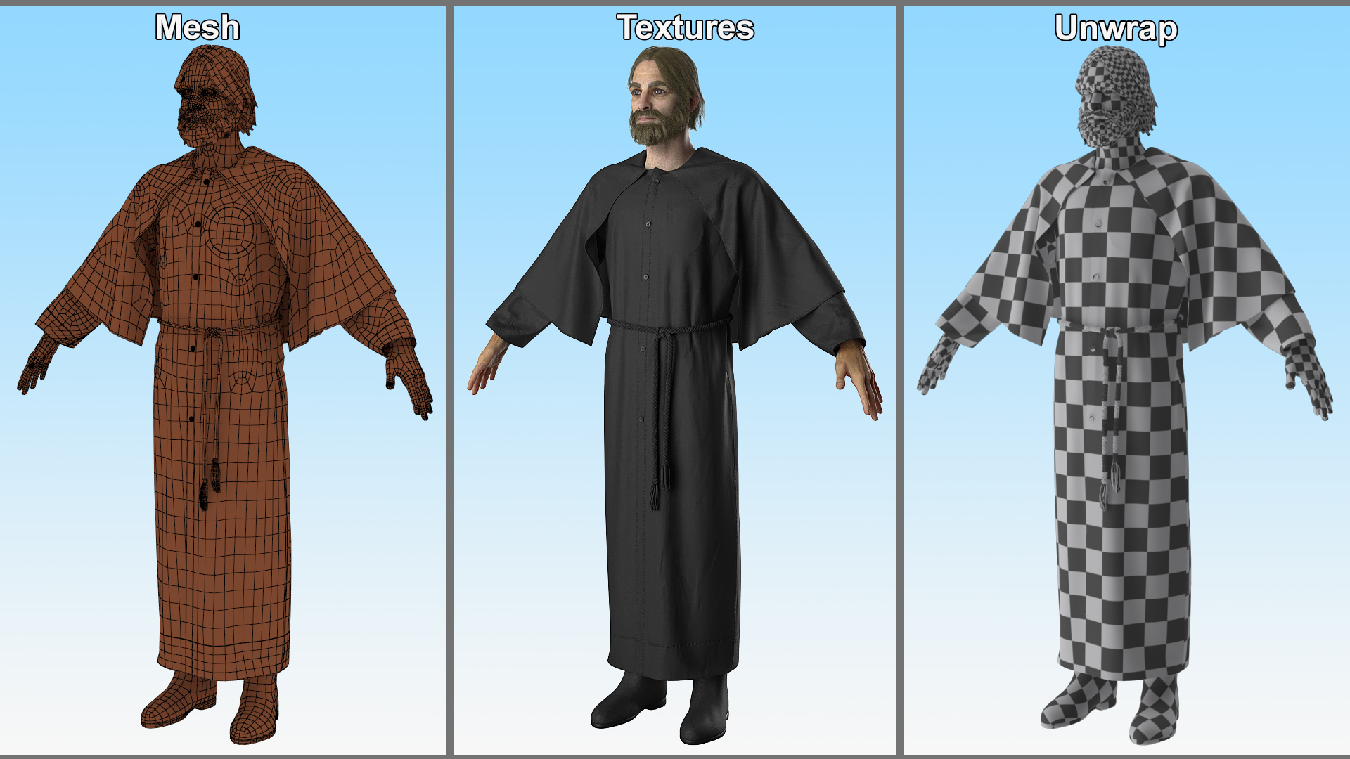 3D Man in Black Robe and Cape