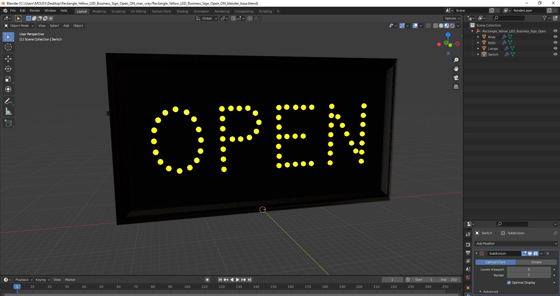 Rectangle Yellow LED Business Sign Open ON 3D