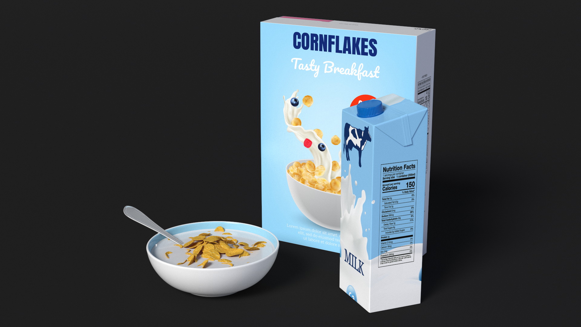 Breakfast with Milk and Cornflakes 3D model