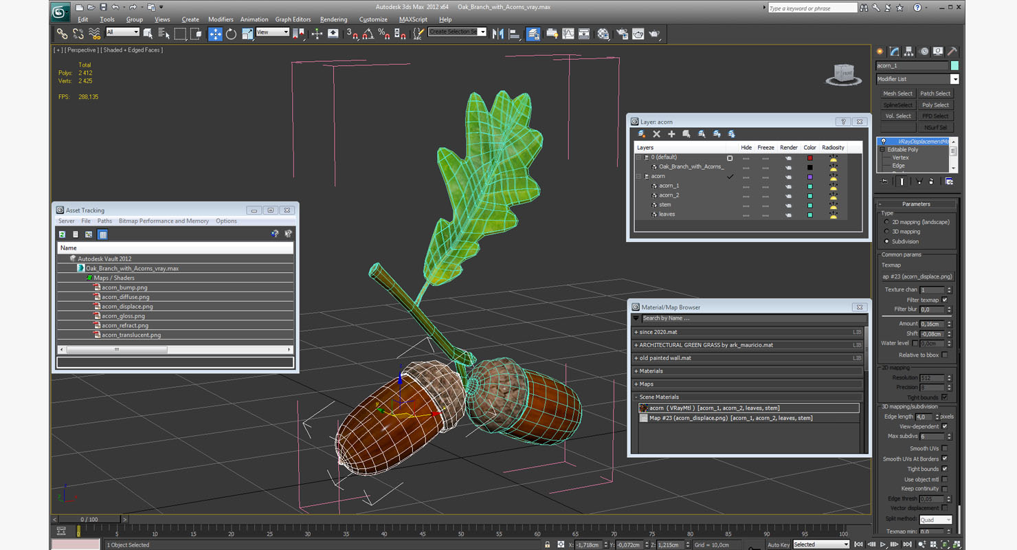 Oak Branch with Acorns 3D