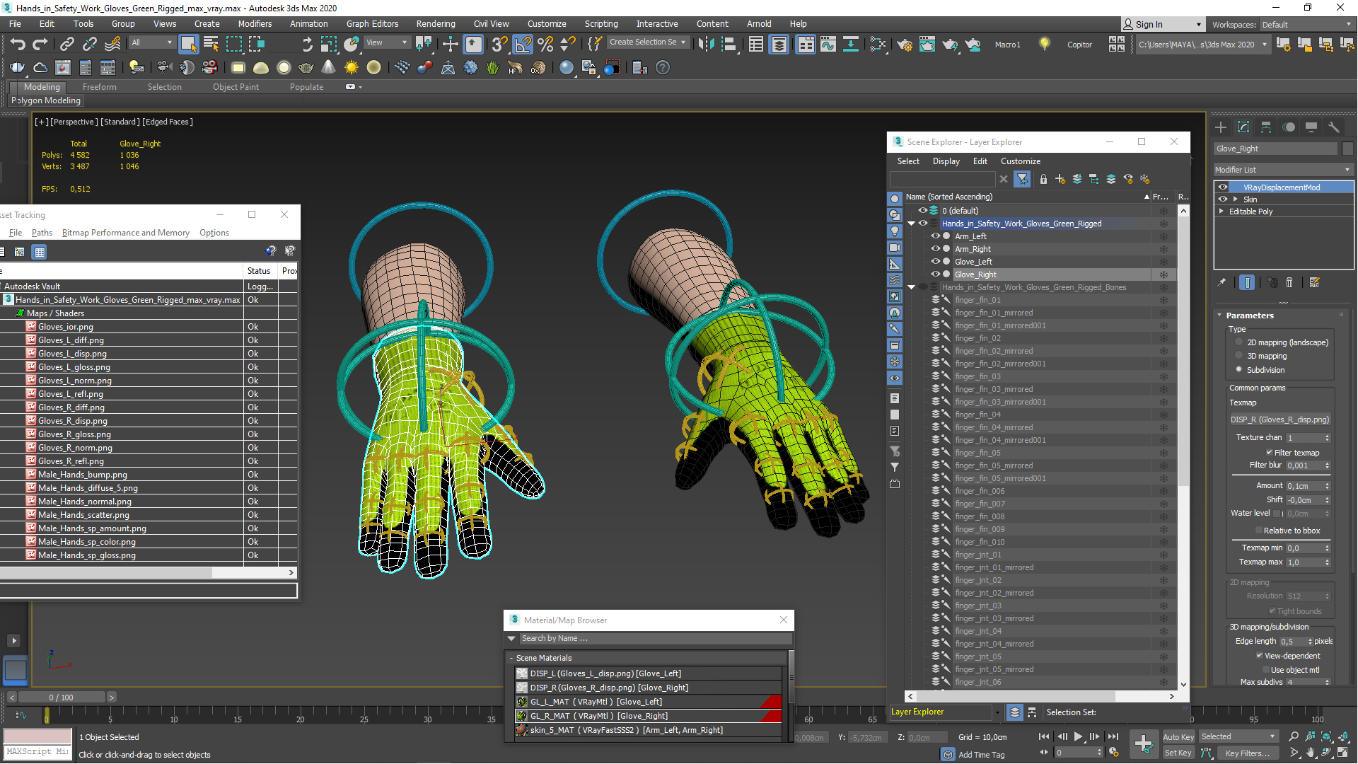 3D model Hands in Safety Work Gloves Green Rigged