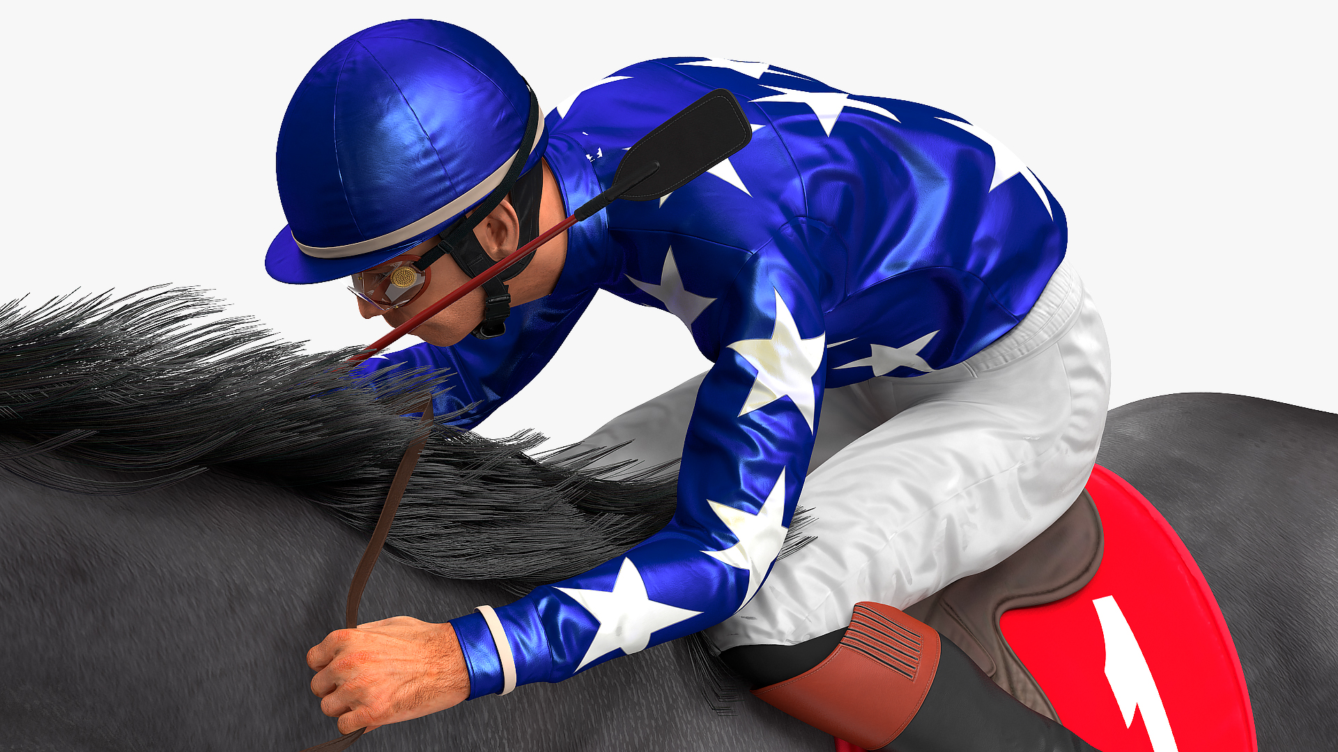 3D Black Racing Horse with Jokey Running Fur