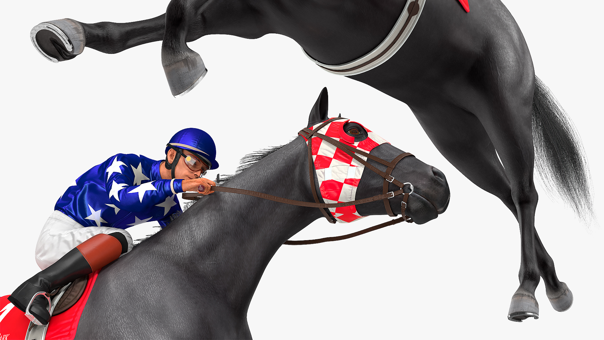 3D Black Racing Horse with Jokey Running Fur