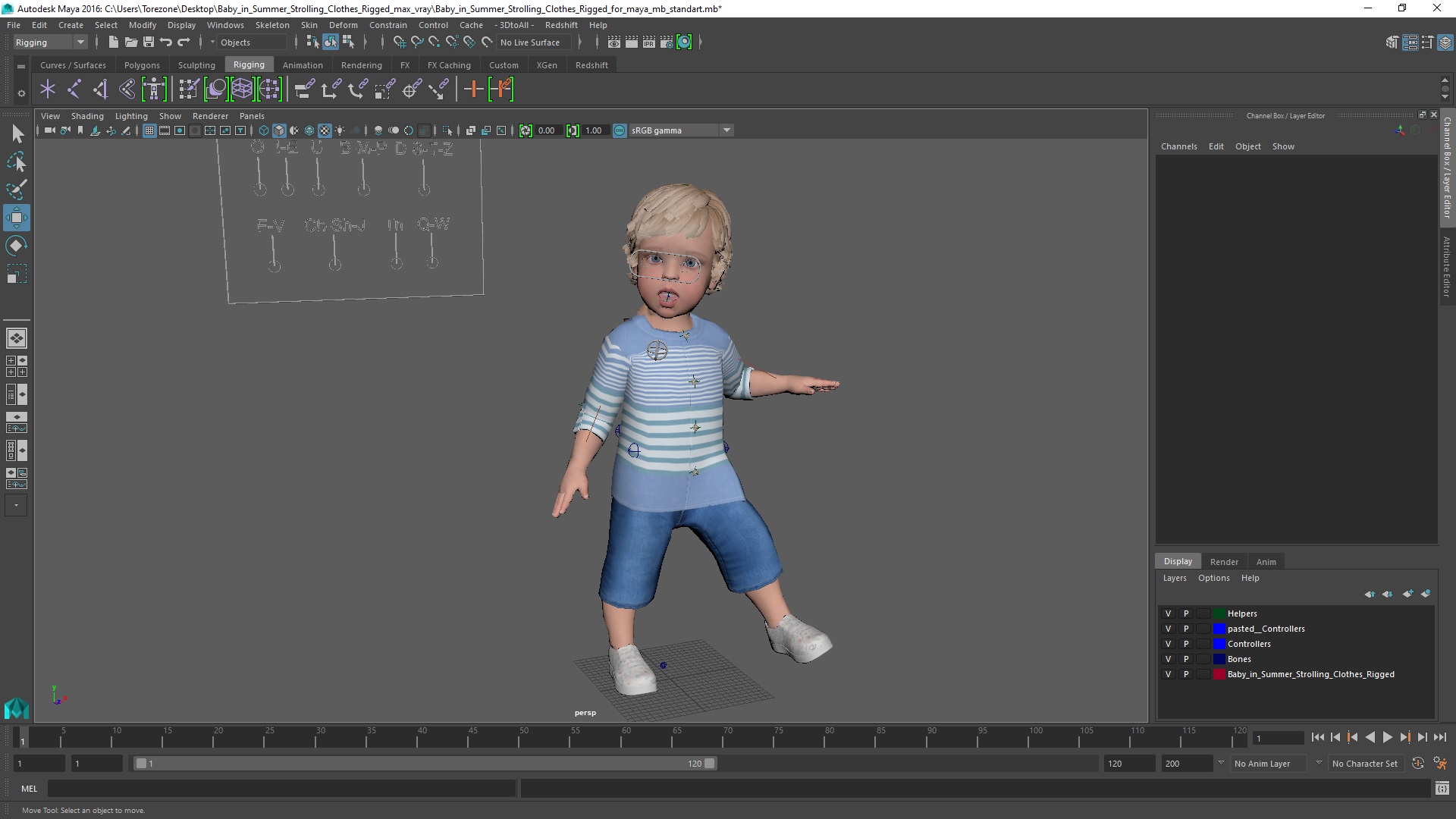 3D Baby in Summer Strolling Clothes Rigged for Maya model