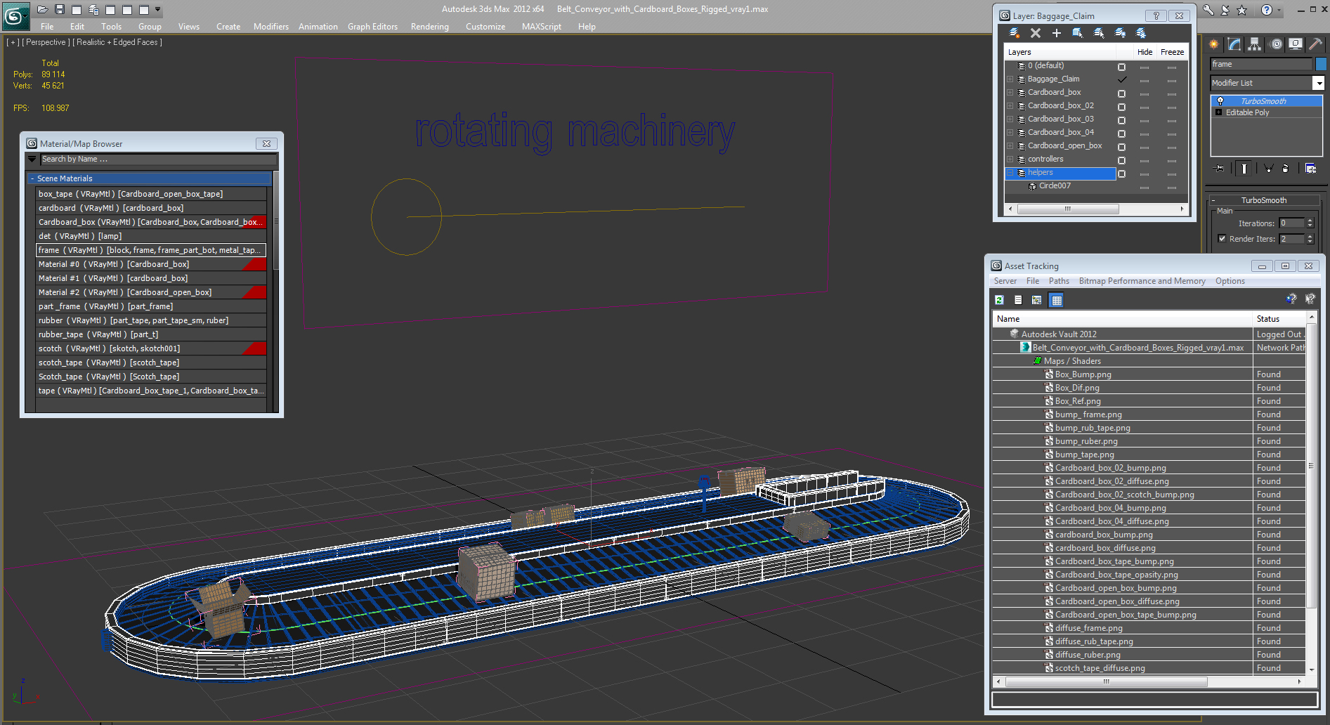 3D Belt Conveyor with Cardboard Boxes Rigged