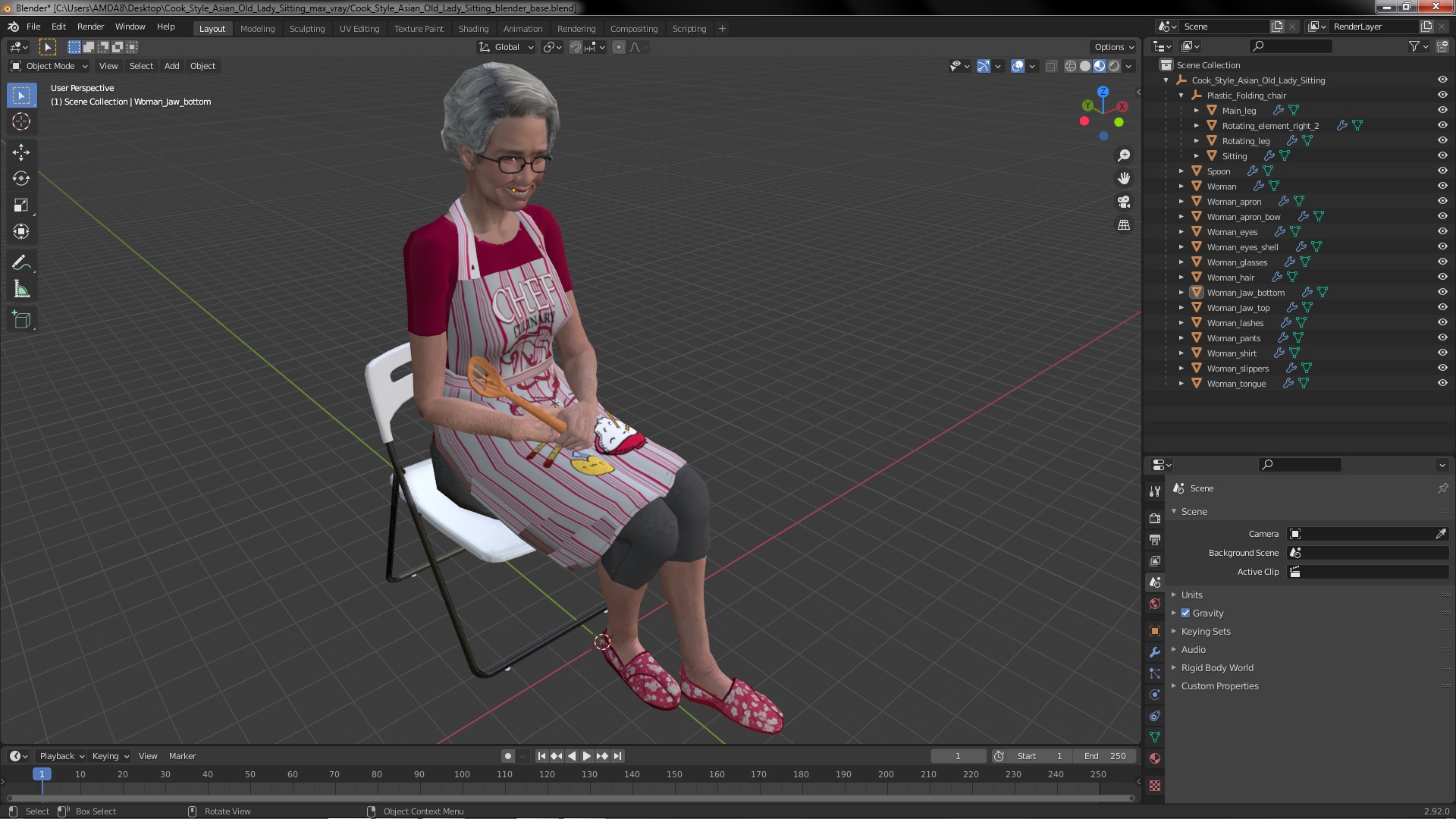 3D Cook Style Asian Old Lady Sitting model