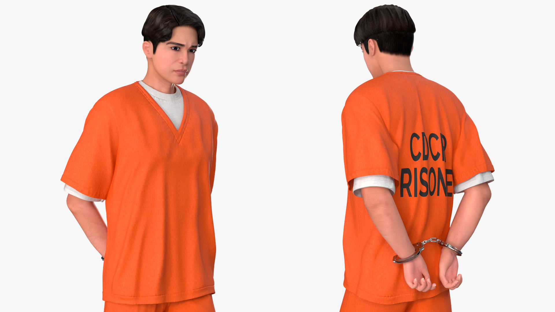 Asian Male Prisoner in Handcuffs 3D