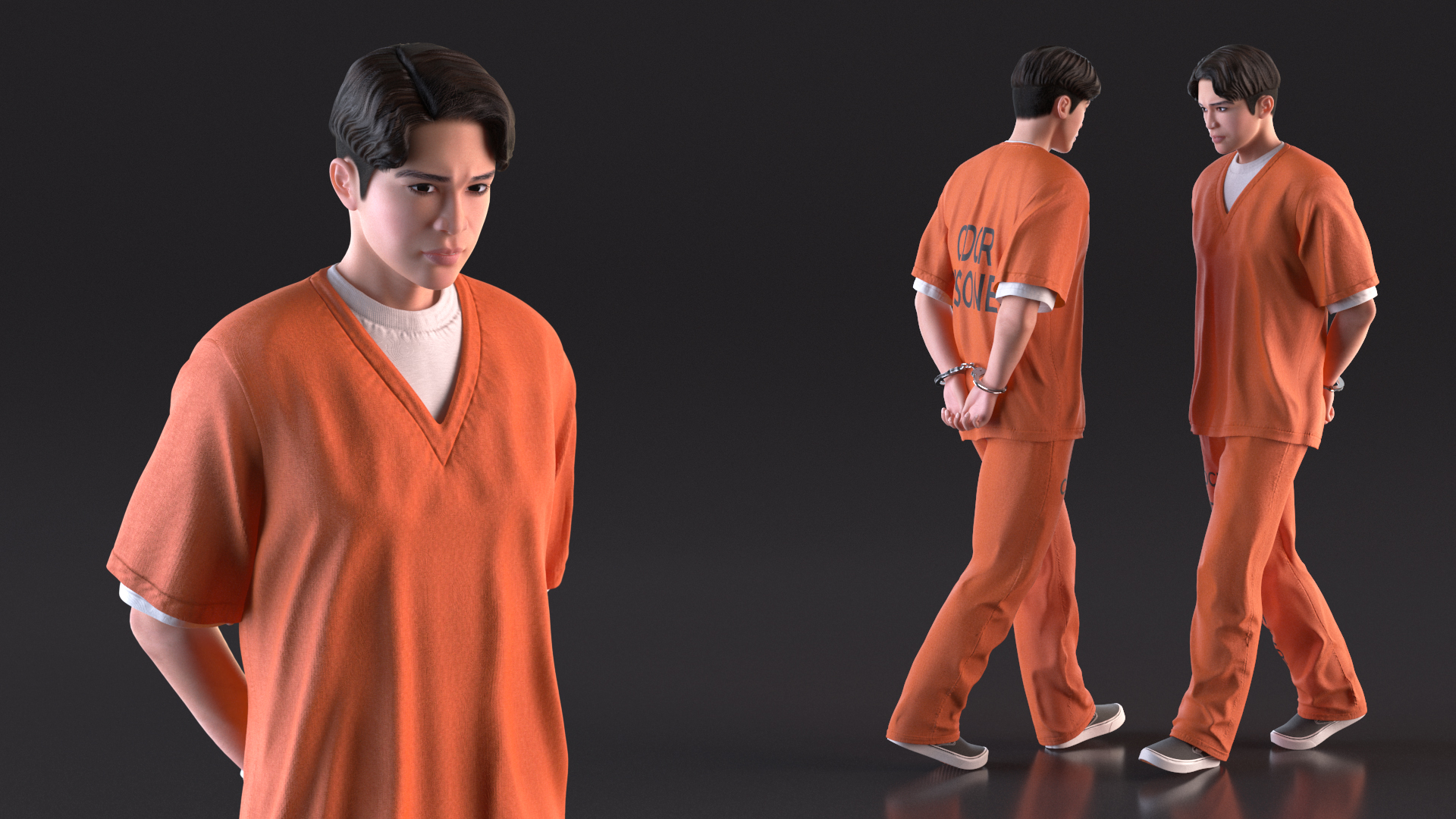 Asian Male Prisoner in Handcuffs 3D