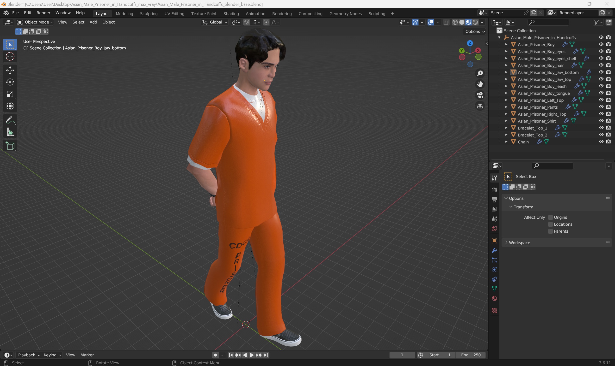 Asian Male Prisoner in Handcuffs 3D